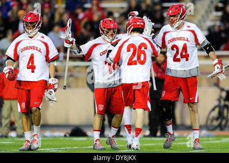 Ithaca, New York, USA. 8. April 2014. 8. April 2014: Cornell Big Red Spieler feiern ein Ziel während einer NCAA Männer Lacrosse Spiel zwischen den Syracuse Orange und die Cornell Big Red bei Schoellkopf Field in Ithaca, New York. Syrakus gewann das Spiel 14-9. Rich Barnes/CSM/Alamy Live-Nachrichten Stockfoto