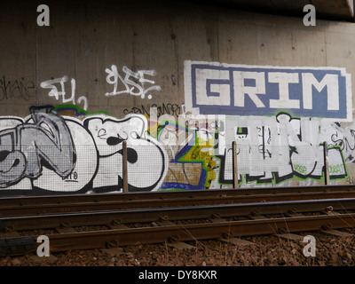 Beispiel für Graffito / Graffiti im Stadtbild.  North East England, UK. Stockfoto