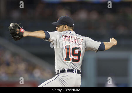 Los Angeles, Kalifornien, Vereinigte Staaten von Amerika, USA. 9. April 2014. LOS ANGELES, CA - APRIL 09: Anibal Sanchez #19 von den Detroit Tigers wirft einen Pitch gegen die Los Angeles Dodgers im Dodger Stadium am 9. April 2014 in Los Angeles, California.ARMANDO ARORIZO Credit: Armando Arorizo/Pi/Prensa Internacional/ZUMAPRESS.com/Alamy Live News Stockfoto