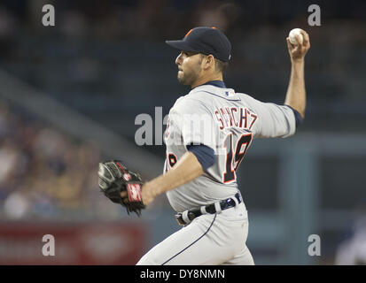 Los Angeles, Kalifornien, Vereinigte Staaten von Amerika, USA. 9. April 2014. LOS ANGELES, CA - APRIL 09: Anibal Sanchez #19 von den Detroit Tigers wirft einen Pitch gegen die Los Angeles Dodgers im Dodger Stadium am 9. April 2014 in Los Angeles, California.ARMANDO ARORIZO Credit: Armando Arorizo/Pi/Prensa Internacional/ZUMAPRESS.com/Alamy Live News Stockfoto