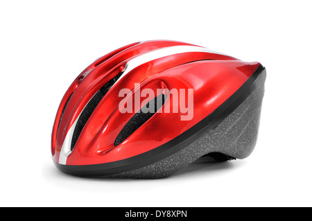 einen roten und schwarzen Fahrradhelm auf weißem Hintergrund Stockfoto