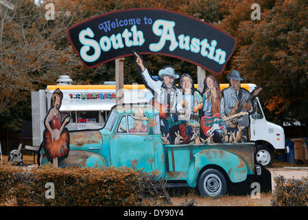 USA, USA, Amerika, Texas, Austin, Straßenschild, willkommen, Zeichen, seltsam, Musik, Konzepte, Szene, funky Stockfoto