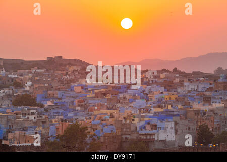 Jodhpur, Rajasthan, blaue Stadt, Rajasthan, Asien, Indien, Stadt, Stadt, blau, Sonnenuntergang, Sonnenuntergang, Stockfoto