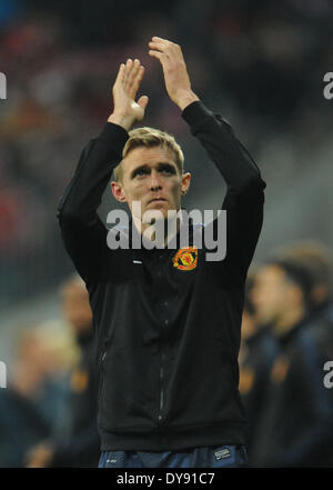 München, Deutschland. 9. April 2014. Manchesters Darren Fletcher begrüßt nach dem Champions-League-Viertelfinale zwischen FC Bayern München und Manchester United in der Arena in München, Deutschland, 9. April 2014. München gewann das Spiel 3: 1. Foto: Andreas Gebert/Dpa/Alamy Live-Nachrichten Stockfoto