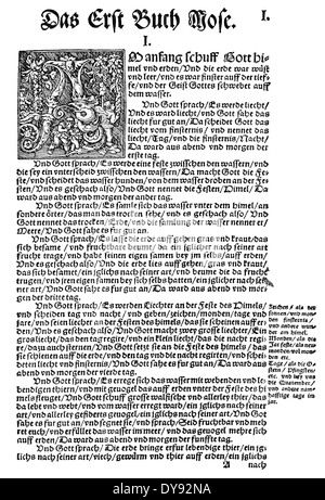 Faksimile, Drucken der ersten Seite, Buch Genesis, 1534, Bibelübersetzung von Martin Luther Stockfoto