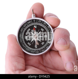 Eine Hand hält einen Kompass isoliert auf weißem Hintergrund Stockfoto