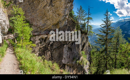 Bisse du Ro Bisse historischen Spaziergang Promenade Landschaft Wald Holz Bäume Sommer Berge Hügeln Menschen Klippe Crans M Stockfoto