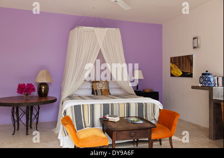 Doppelbett mit net Baldachin und orange Samtstühlen in lila ummauerten Schlafzimmer Stockfoto