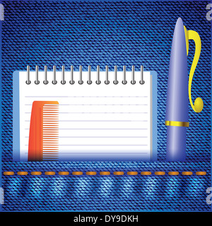 Bunte Illustrationen mit Stift und Notizblock auf Jeans Hintergrund für Ihr design Stockfoto