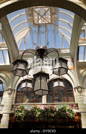 Großbritannien, England, Norfolk, Norwich, Royal Arcade, Glasdach und Jugendstil-Beleuchtung Stockfoto