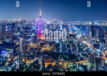 Tokyo, Japan Stadt Skyline mit Tokyo Tower "Diamond Schleier" Beleuchtung. Stockfoto