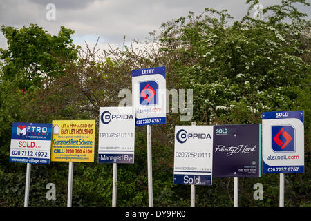 Immobilienmakler-boards Werbung, Verkauf oder Vermietung in Süd-Ost-London, UK zu sehen. Stockfoto