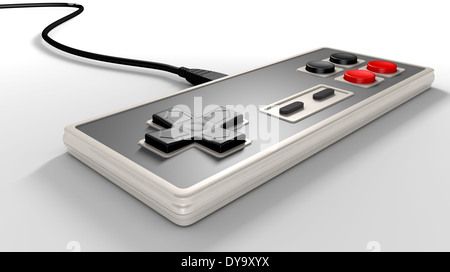 Eine regelmäßige Vintage rechteckige Gaming-Controller mit roten und schwarzen Tasten auf einem isolierten weißen Studio-Hintergrund Stockfoto