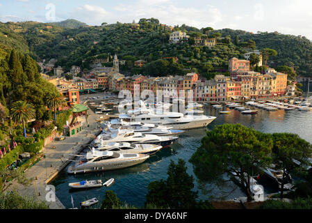 Italien, Riviera, Provinz Genua, Portofino, mediterran, Yachthafen, Hafen, Bucht, Stadt, Landschaft, Küste, italienische Stockfoto