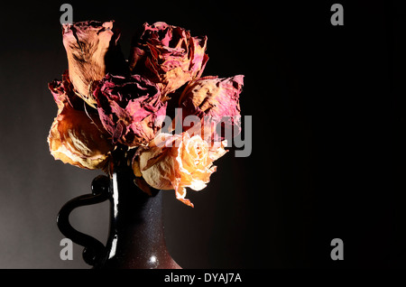 Bouquet von getrockneten Rosen in Keramikvase auf dunklen Stockfoto