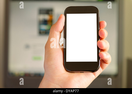 Closeup des Mannes Hand, die eine Smartphone im Büro Stockfoto