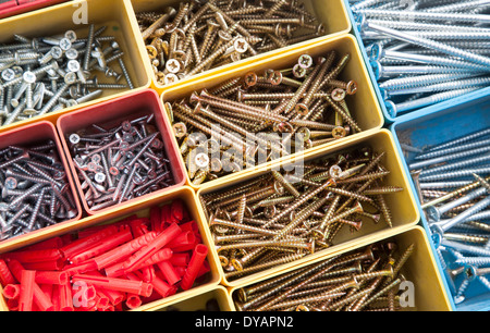 Bunte Zimmerei Schachtel mit Metallschrauben, die von oben gesehen Stockfoto