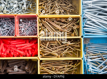 Bunte Zimmerei Schachtel mit Metallschrauben, die von oben gesehen Stockfoto