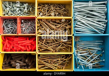 Bunte Zimmerei Schachtel mit Metallschrauben, die von oben gesehen Stockfoto