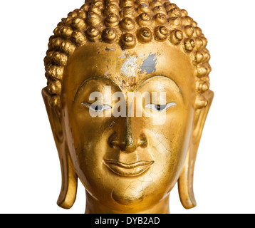 Gesicht der Buddha-Statue, die isoliert auf weißem Hintergrund Stockfoto