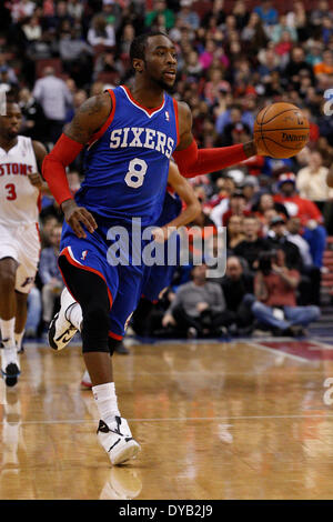 29. März 2014: Philadelphia 76ers guard Tony Wroten (8) in Aktion während der NBA-Spiel zwischen den Detroit Pistons und die Philadelphia 76ers im Wells Fargo Center in Philadelphia, Pennsylvania. Die 76ers gewann 123 / 98. Christopher Szagola/Cal-Sport-Medien Stockfoto