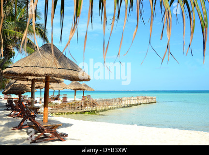 Liegen und Sonnenschirm am Strand mit Schatten von Palme Stockfoto