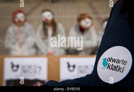 Warschau, Polen. 12. April 2014. Aktivisten von "Open Käfige" Organisation Proteste gegen Legebatterien Geflügel Landwirtschaft am 12. April in Warschau. Vier Personen wurden in Käfig für 24 Stunden gesperrt. Stockfoto