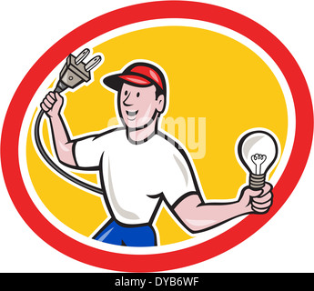 Abbildung eines Elektriker Arbeiter halten einen elektrischen Stecker auf der einen Seite und eine Glühbirne nach vorne stellen im inneren Kreis auf isolierte Hintergrund getan im Cartoon-Stil. Stockfoto