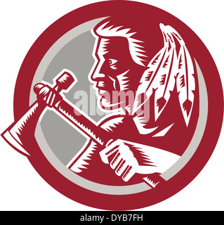 Abbildung eines indianischen indischen Chef Kriegers hält ein Tomahawk Seitenansicht im inneren Kreis im Stil der Retro-Holzschnitt auf isolierten weißen Hintergrund getan. Stockfoto