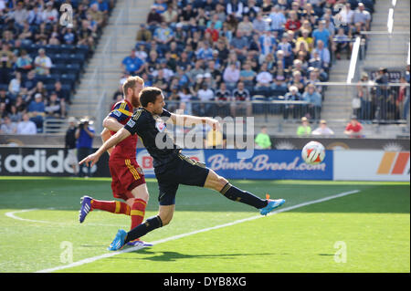 Chester, Pennsylvania, USA. 12. April 2014. Philadelphia Union-Spieler, ANDREW WENGER (9) in Aktion gegen Real Salt Lake während des Spiels statt im PPL Park in Chester Pa Credit: Ricky Fitchett/ZUMAPRESS.com/Alamy Live News Stockfoto