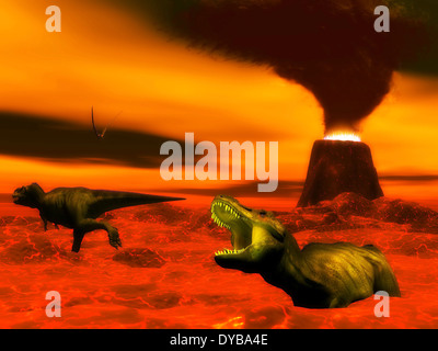 Tyrannosaurus Rex Dinosaurier kämpfen um zu überleben wegen der Hitze und Feuer aus einem Vulkanausbruch. Stockfoto