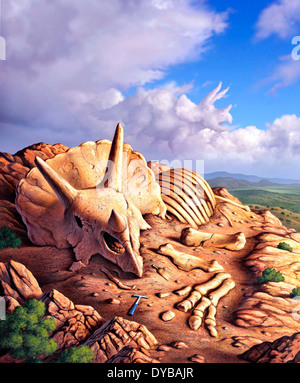 Die freiliegenden Knochen ein Triceratops auf einer westlichen Landschaft mit seiner Erscheinung in den Wolken erscheinen. Stockfoto