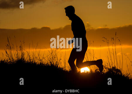 Sonntag, 13. April 2014 Cowpen Woodland Park in der Nähe von Billingham, Nord-Ost-England, UK. Jogger bei Sonnenaufgang am London-Marathon Tag. Läufer landauf werden für ihren Sonntag Morgen laufen bevor er sich vor dem Fernseher, in der Hoffnung, Mo Farah London Marathon zu gewinnen zu sehen. Stockfoto