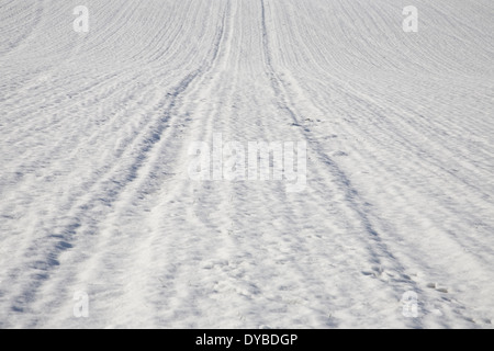 Winter-Schnee-Szene zeigt Nahaufnahme von Traktor-Reifen Spuren in einem überdachten Schneefeld Stockfoto