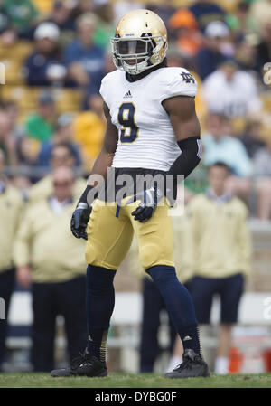 South Bend, Indiana, USA. 12. April 2014. 12. April 2014: Notre Dame Linebacker Jaylon Smith (9) während des Spiels Notre Dame blau-goldene Feder im Stadium der Notre Dame in South Bend, Indiana. Bildnachweis: Csm/Alamy Live-Nachrichten Stockfoto