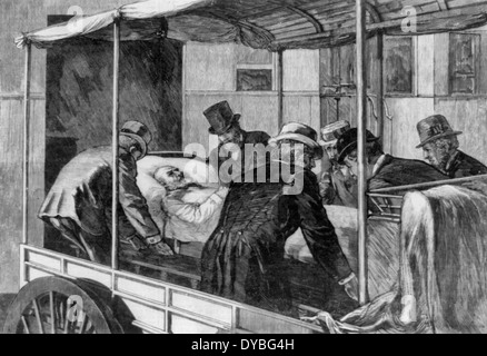 Entfernen den Präsidenten vom Express Wagen auf den Waggon - von Washington nach Elberon. Präsident James Garfield nachdem er angeschossen wurde, 1881 Stockfoto