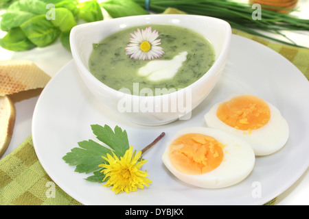 Grüne Kräuter-Suppe mit Eiern und einem Klecks Sahne Stockfoto