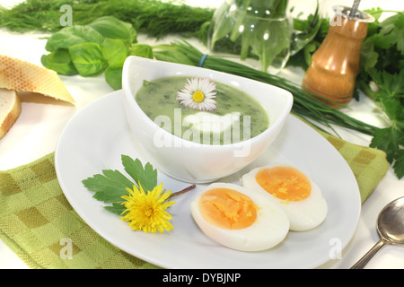 Grüne Kräuter-Suppe mit Eiern, einem Klecks Sahne und daisy Stockfoto