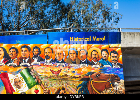 Historische Wandgemälde im Chicano Park. Barrio Logan, San Diego, California, Vereinigte Staaten von Amerika. Stockfoto