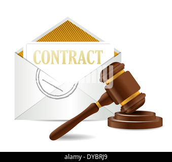 Vertrag Dokument Papiere und Hammer Illustration Design auf einem weißen Hintergrund Stockfoto