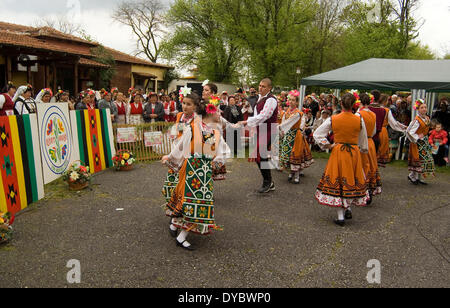 Bulgarien allgemein Iznovo April 13. 2014: Sonntag vor Ostern Bulgaren das Fest des St. Lazarus feiern eine Festival mit dem Brauch der Lazaruwane Frühling Brauch von Jungfrauen gefolgt und häufig bei allen Bulgaren ein Ritual, an diesem Tag mit einigen Elementen durchgeführt Alter sind strukturiert (heiratsfähigen Mädchen) zum Thema Liebe und Ehe in Lazar Lieder und Tanz, die Rituale sind am Palmsonntag die Mädchen, die an diesem Brauch teilnehmen werden Lazarki genannt. Bildnachweis: Clifford Norton/Alamy Live-Nachrichten Stockfoto