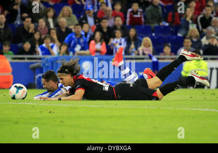 Barcelona, Spanien. 13. April 2014. Ze Castro und Sergio Garcia in der Partie zwischen RCD Espanyol und Rayo Vasllecano für die Woche 33 der spanischen Liga, gespielt im Cornella El Prat Stadion am 13. April 2014. Foto: Joan Valls/Urbanandsport/Nurphoto. Bildnachweis: Joan Valls/NurPhoto/ZUMAPRESS.com/Alamy Live-Nachrichten Stockfoto
