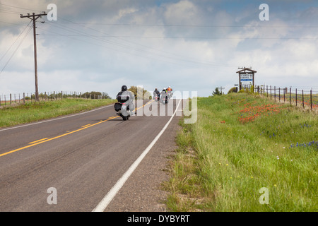 Motorradfahrer genießen Texas Bluebonnets und Indian Paintbrush entlang State Highway 362 Bereichen in der Nähe von Whitehall, Texas. Stockfoto