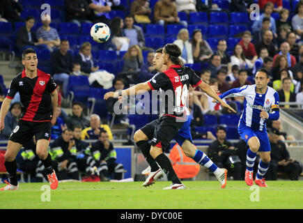 Barcelona, Spanien. 13. April 2014. Pizzi und Ze Castro in der Partie zwischen RCD Espanyol und Rayo Vasllecano für die Woche 33 der spanischen Liga, gespielt im Cornella El Prat Stadion am 13. April 2014. Foto: Joan Valls/Urbanandsport/Nurphoto. Bildnachweis: Joan Valls/NurPhoto/ZUMAPRESS.com/Alamy Live-Nachrichten Stockfoto