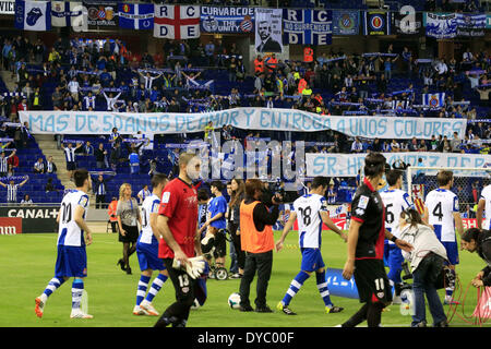 Barcelona, Spanien. 13. April 2014. Espanyol-Fans in der Partie zwischen RCD Espanyol und Rayo Vasllecano für die Woche 33 der spanischen Liga, gespielt im Cornella El Prat Stadion am 13. April 2014. Foto: Joan Valls/Urbanandsport/Nurphoto. Bildnachweis: Joan Valls/NurPhoto/ZUMAPRESS.com/Alamy Live-Nachrichten Stockfoto