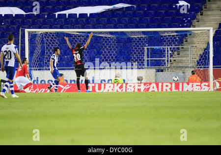 Barcelona, Spanien. 13. April 2014. Rayo Vallecano Tor in der Partie zwischen RCD Espanyol und Rayo Vasllecano für die Woche 33 der spanischen Liga, gespielt im Cornella El Prat Stadion am 13. April 2014. Foto: Joan Valls/Urbanandsport/Nurphoto. Bildnachweis: Joan Valls/NurPhoto/ZUMAPRESS.com/Alamy Live-Nachrichten Stockfoto