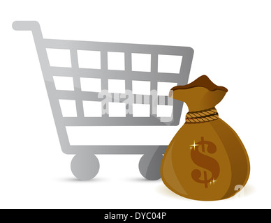 Shopping Cart & Geld Tasche Sign Illustration Design über weiß Stockfoto
