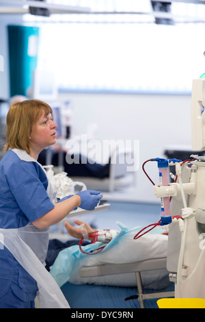 Eine Krankenschwester mit einem Patienten, der Behandlung für Nierenerkrankungen auf eine Nieren-Dialyse-Maschine in einem Krankenhaus befindet Stockfoto