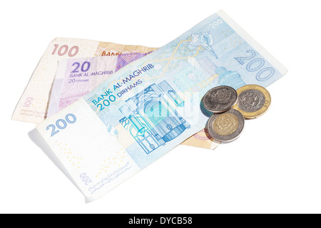 Marokkanische Geld isoliert auf weiss. Verschiedene Banknoten und Münzen Stockfoto