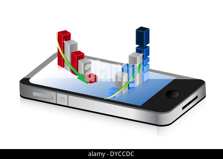 Smartphone mit auf-und Business-Grafiken und Münzen Abbildung Design in weiß Stockfoto